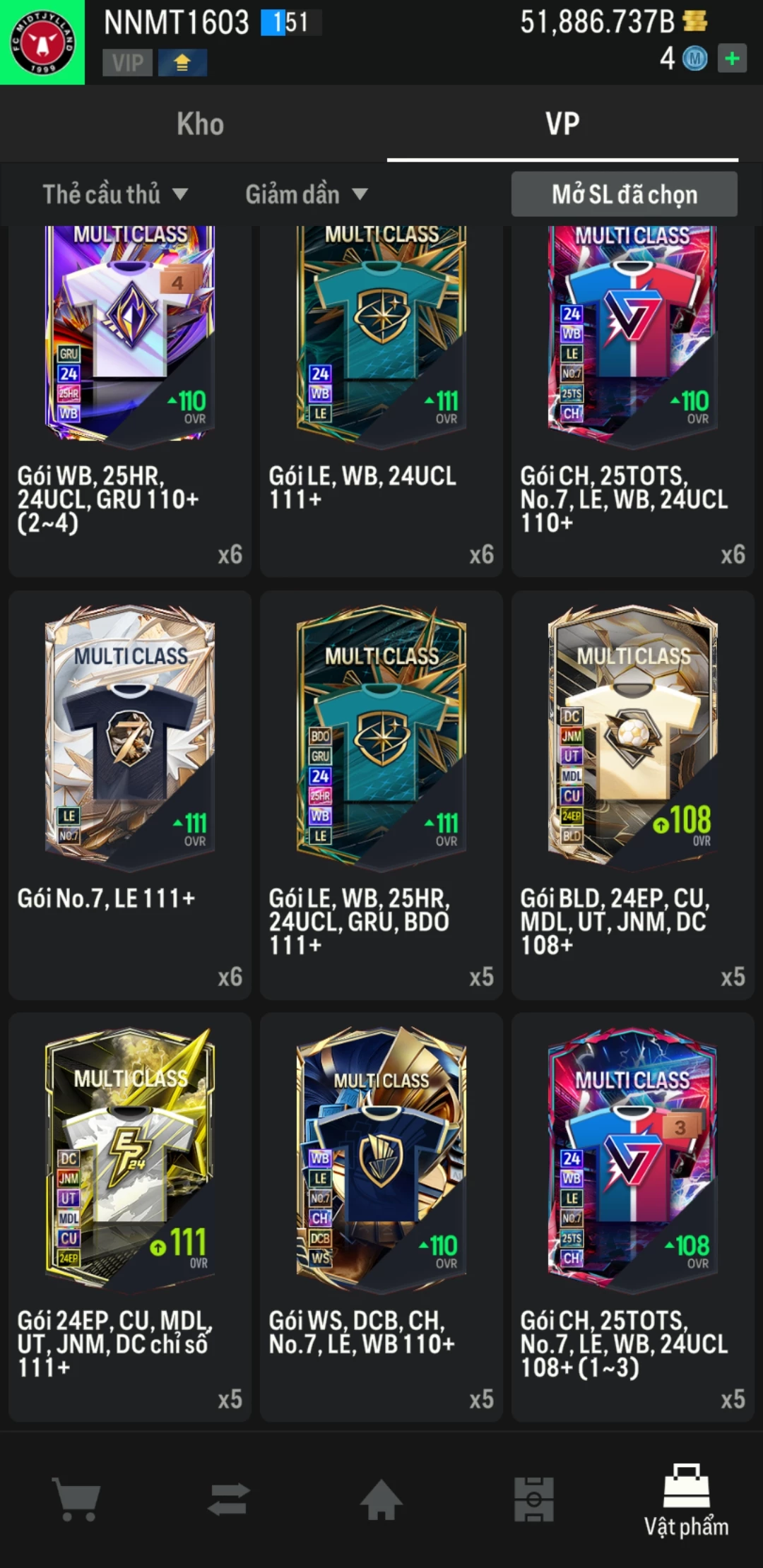 Ảnh ACC mở thẻ (LOẠI SVIP PROMAX) bao gồm có thẻ +12, Thẻ PRIME(QH+, CP+, XS+) và hơn 1500+ đến 1700+ thẻ cầu thủ từ Siêu sao đến Miền núi các loại. Acc có sẵn BP trắng từ 50.000 tỷ BP đến 62.000 tỷ BP